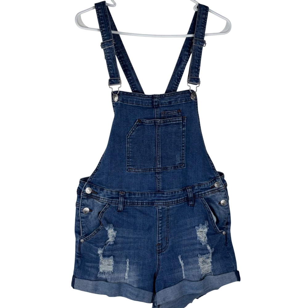 Almost Famous Denim Shortalls Women Large Blue Distressed Cuffed Bib Overalls